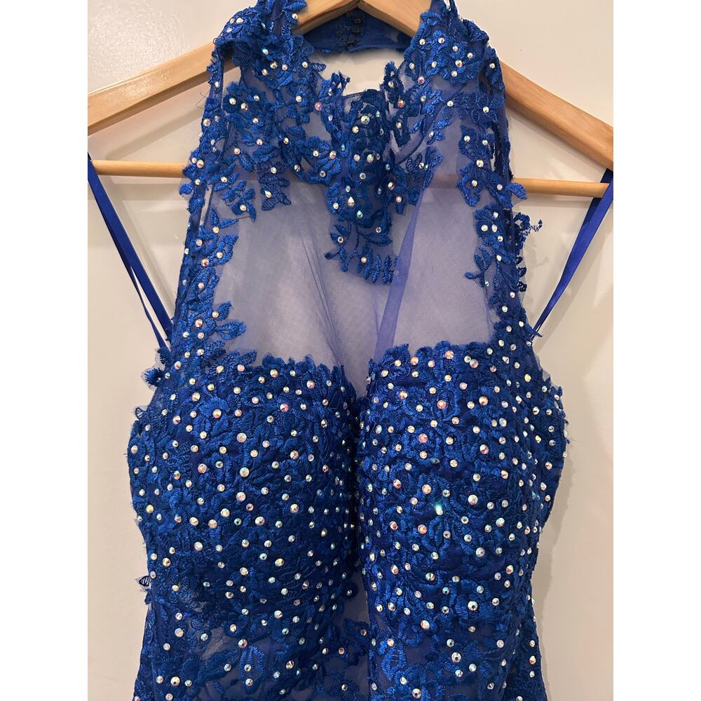 Jovani Royal Blue Beaded Illusion Halter Floor Length Gown Dress Size 6 - Picture 4 of 11